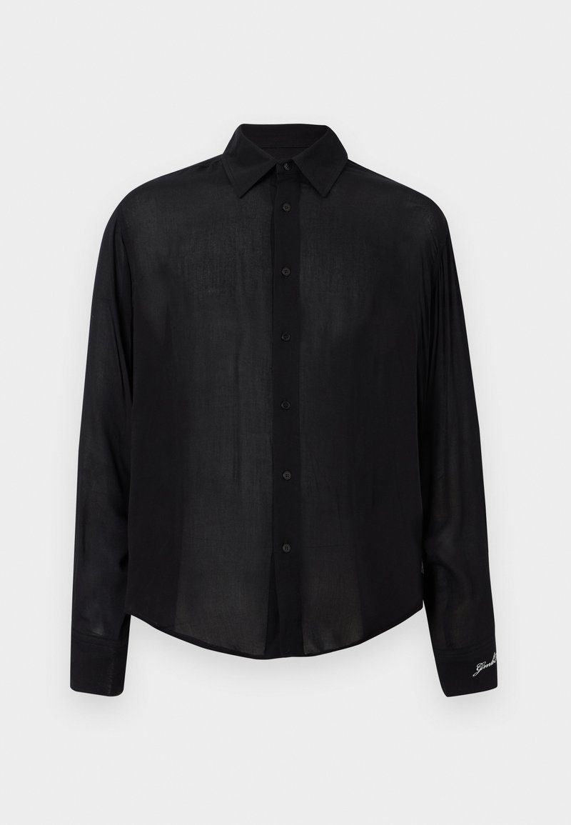 Black long-sleeve button-up shirt with pointed collar and subtle embroidered detail on the left cuff against a white background.