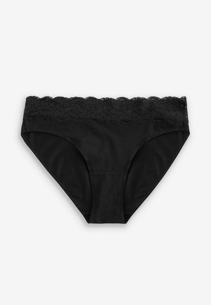 Sorte trusser med blonder ved taljen. Stoffet er glat og blødt, med en klassisk brief-snit og et enkelt design.