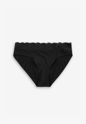 Mutandine nere con pizzo sul giro vita. Il tessuto è liscio e morbido, con un taglio classico e un design semplice.