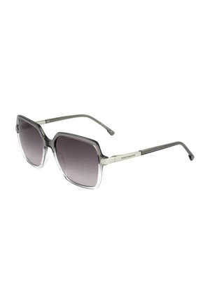 Occhiali da sole a forma quadrata con lenti sfumate grigie e montatura grigia trasparente, con sottili aste metalliche con marca Tom Tailor.