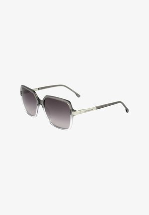 Occhiali da sole a forma quadrata con lenti sfumate grigie e montatura grigia trasparente, con sottili aste metalliche con marca Tom Tailor.