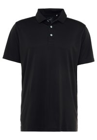 Musta lyhythihainen poolopaita, jossa on kolme nappia ja kaulus, taitettuna. Paita on esillä valkoisella taustalla.