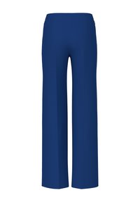 Wide-leg trousers in solid navy blue, featuring a smooth texture and a clean design. High waist with no visible fastenings or patterns.