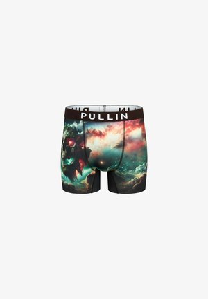 Boxer-briefs pour homme avec un imprimé galaxie, dotés d'une taille noire avec le logo "PULLIN". Fabriqués en tissu extensible, affichant des couleurs et des motifs vibrants.