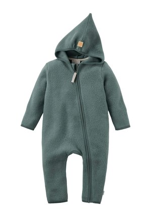 Weicher, grüner, gefütterter Baby-Overall mit Kapuze, langen Ärmeln und Reißverschluss vorne.