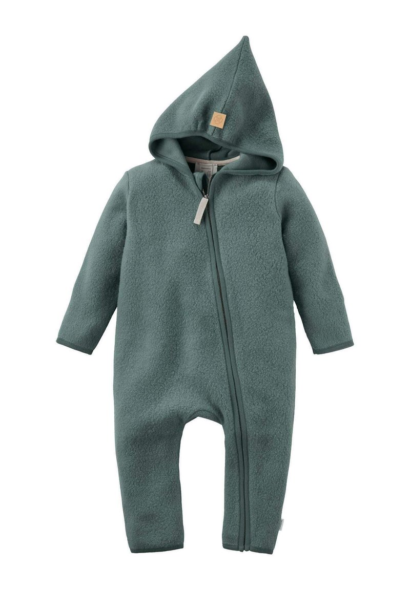 Zachte groene fleece baby overall met capuchon, lange mouwen en een rits aan de voorkant.