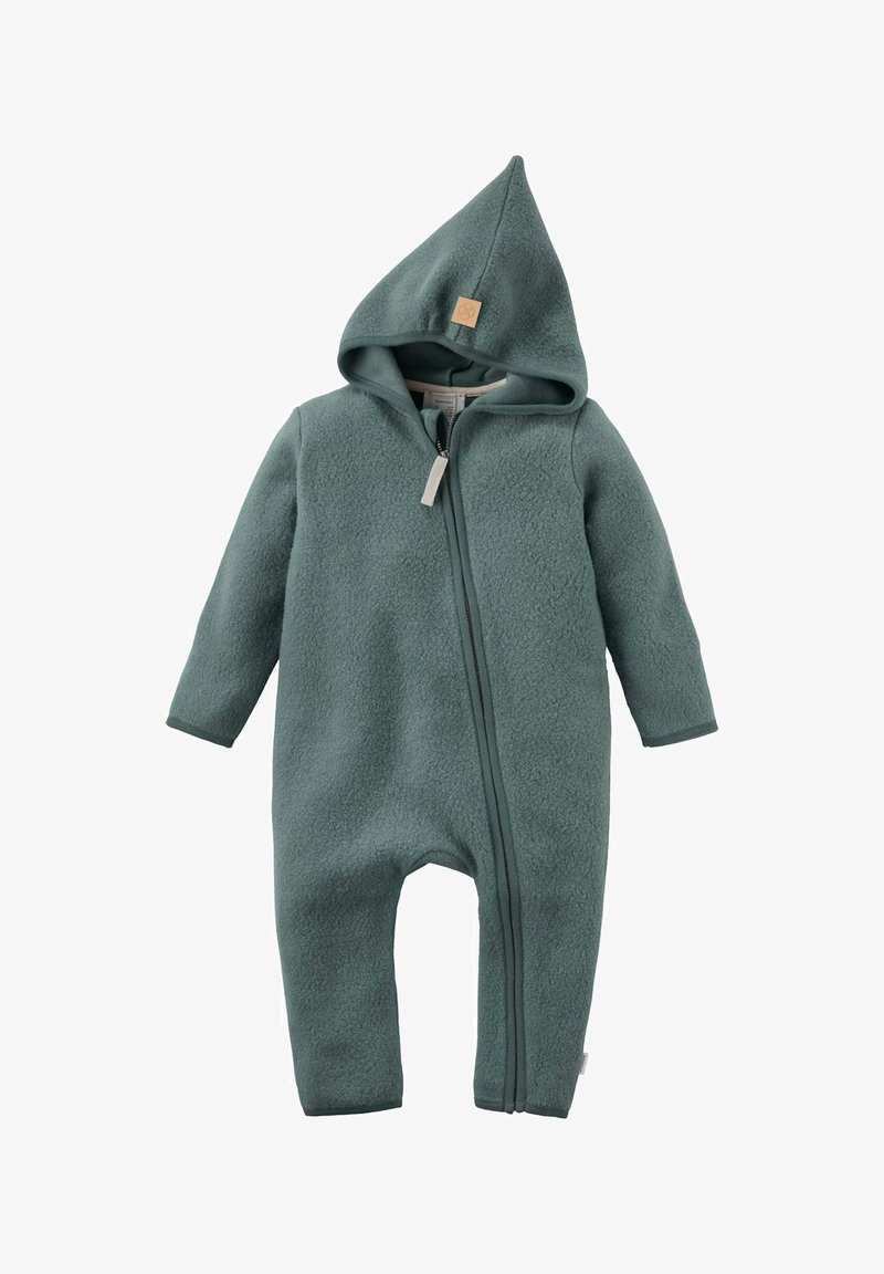 Zachte groene fleece baby overall met capuchon, lange mouwen en een rits aan de voorkant.