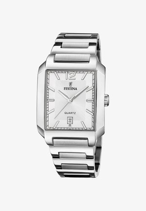 Montre en métal argenté à quartz avec un cadran rectangulaire, un cadran blanc, des index des heures et un affichage de la date en bas. Dispose d'un bracelet en métal à maillons.