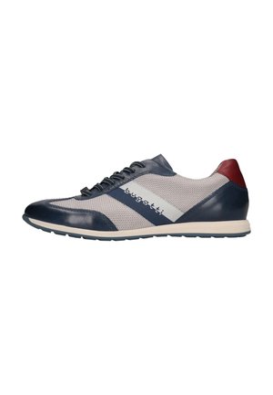 Men's sneakers with a navy blue leather toe and heel, gray mesh body, white and navy accents, and black laces on a light sole.