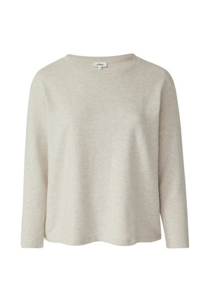 Light beige long-sleeve top with a crew neck, made from soft fabric. Features a relaxed fit and subtle heathered texture. Simple design.