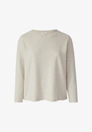 Jasnobeżowa bluzka z długim rękawem i okrągłym dekoltem, wykonana z miękkiego materiału. Charakteryzuje się luźnym krojem i subtelną melanżową fakturą. Prosty design.