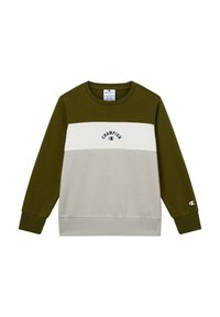Sudadera de color verde oliva y gris claro con cuello redondo, que presenta el logo "CHAMPION", mangas largas y puños y dobladillo de canalé.