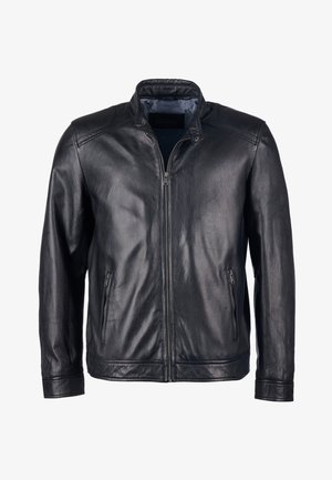 Zwarte leren jas met een ritssluiting aan de voorkant, staande kraag en twee ritszakken aan de zijkant. Soepele textuur met een subtiel grindpatroon.