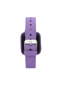 Cinturino per orologio in silicone viola con fori regolabili, fibbia in metallo argentato e quadrante rettangolare nero. Nome del marchio "Morellato" visibile sul cinturino.