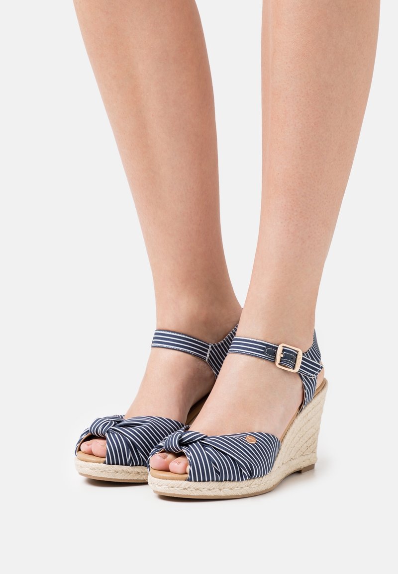 Pieds portant des sandales compensées rayées bleu marine et blanches avec des brides à la cheville et un design noué à l'avant sur un fond clair.