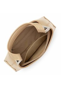 Borsa a mano in pelle beige con una texture liscia, forma ovale e chiusura con zippers. L'interno presenta due scomparti e una finitura foderata.