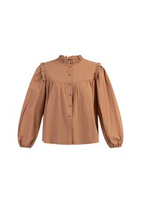 Brun bomuldsbluse med en flæsekrave, foran knapper og lange pufærmer. Har et samlet design med en afslappet pasform.
