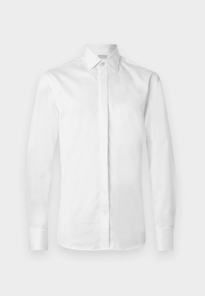 White long-sleeved shirt made of smooth cotton with a pointed collar, a button placket, and button cuffs, featuring a crisp, clean design.