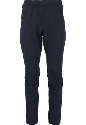 Pantaloni sportivi blu mare realizzati in tessuto elasticizzato, dotati di una vita elastica e tasche laterali con zip, design a gamba affusolata e texture liscia.