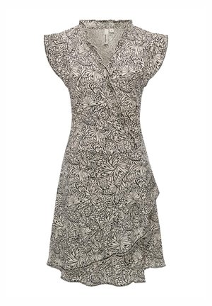 Mouwloze wikkeljurk met gerimpelde randen, met zwart-witte vlindervleugelpatronen op een lichte achtergrond.