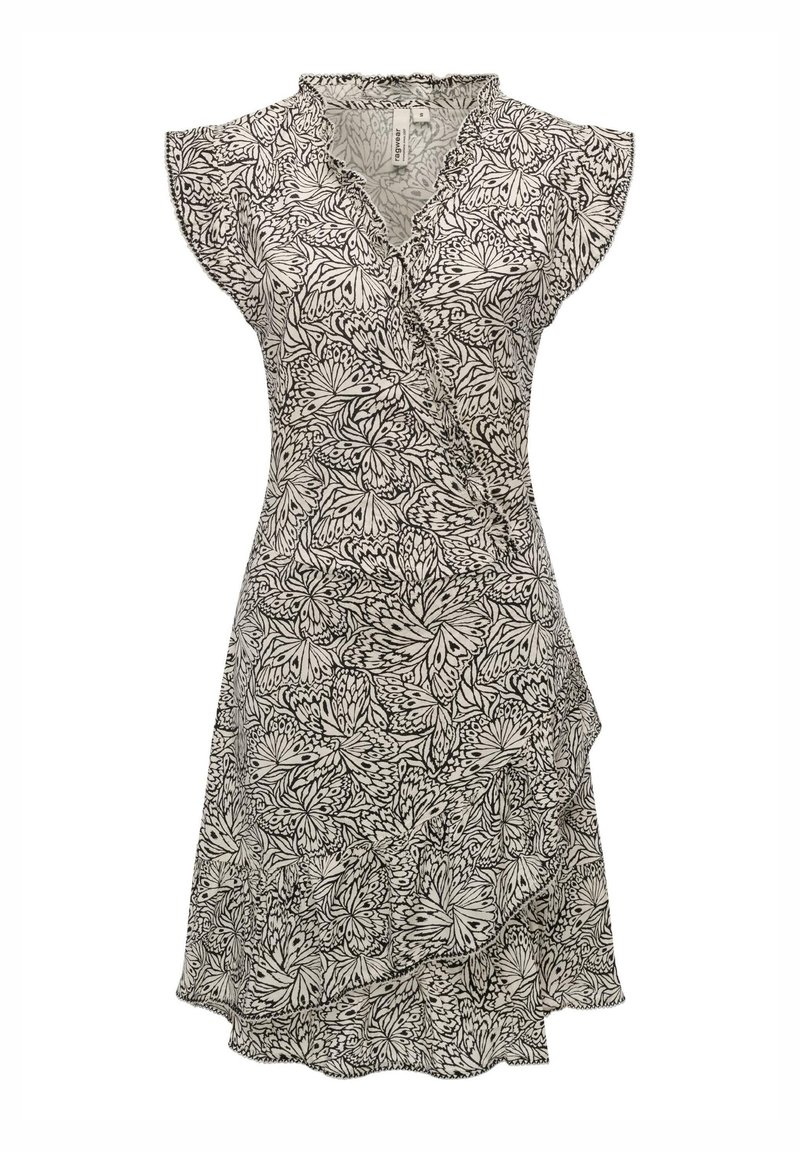 Robe portefeuille sans manches avec des bords à volants, présentant des motifs d'ailes de papillon noir et blanc sur un fond clair.