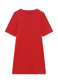 Rotes kurzärmliges Kleid aus glattem Stoff. Verfügt über einen runden Ausschnitt und drei dekorative Knöpfe an der linken Schulter.