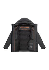 Tamsiai pilkas pūkinis švarkas su gobtuvu, su oranžinėmis detalėmis, užtrauktuku priekyje, dviem vidinėmis kišenėmis ir lygiu, izoliuotu pamušalu.