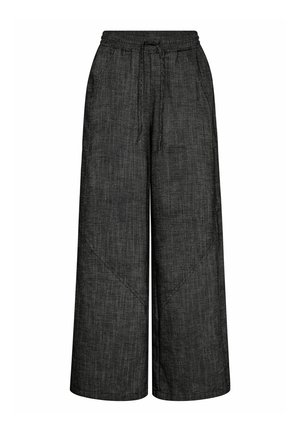 Zwarte linnen broek met brede pijpen, elastische tailleband en aantrekkoord, voorzien van steekzakken en subtiele naden op de pijpen.