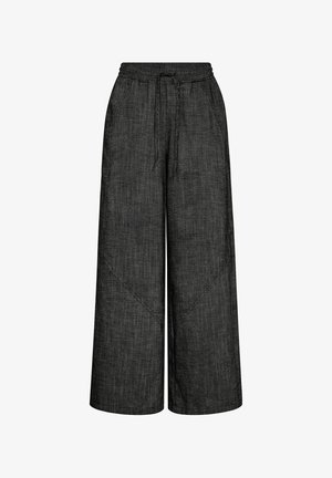 Zwarte linnen broek met brede pijpen, elastische tailleband en aantrekkoord, voorzien van steekzakken en subtiele naden op de pijpen.