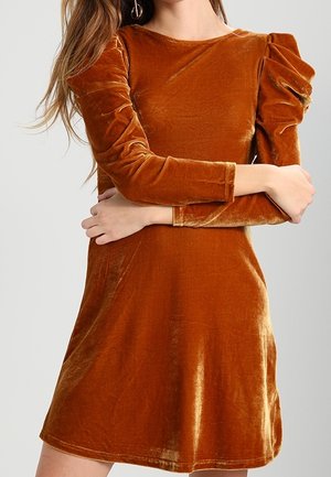 Rust-orange velvet dress with long puffed sleeves, fitted at the waist, worn by a person with arms crossed at the torso.