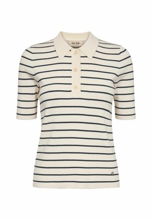 Tricou polo crem cu mâneci scurte, cu dungi orizontale negre și trei nasturi crem în față.