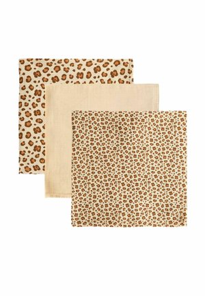Sæt af tre stofservietter: to med brunt leopardprint på en beige baggrund, en solid beige. Blødt stof, firkantet form, varierede mønstre.