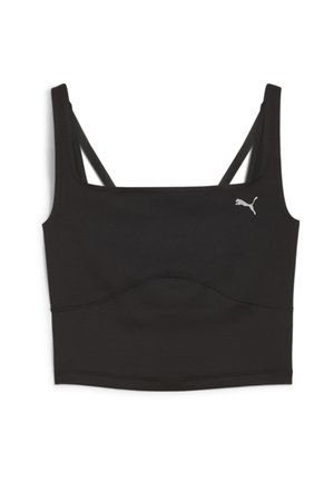 Zwarte sport crop top gemaakt van rekbaar materiaal, met een ronde halslijn, brede straps en een klein wit logo aan de linkerkant.