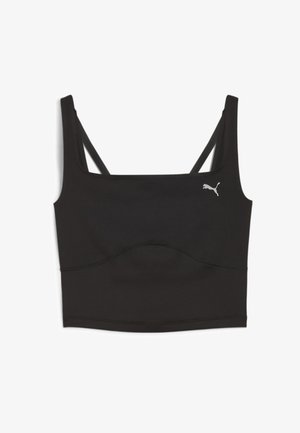Sort sports crop top lavet af strækbart materiale, med en rund halsudskæring, brede stropper og et lille hvidt logo på venstre side.
