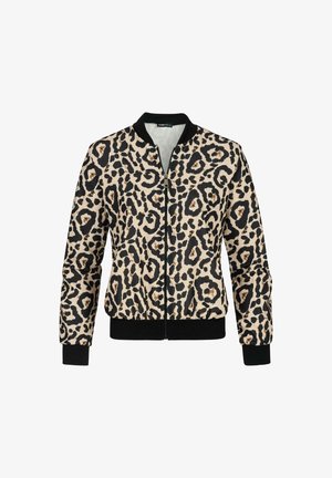 Veste bomber imprimée léopard avec des tons noirs et beiges, dotée d'une fermeture éclair à l'avant et de poignets et ourlet côtelés noirs. Texture de tissu lisse.