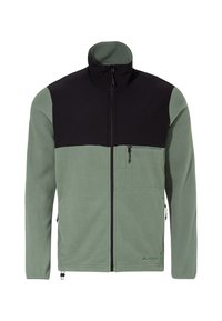 Giacca in pile con una parte superiore nera e una parte inferiore verde chiaro. Presenta una tasca sul petto con zip e due tasche laterali, texture morbida.