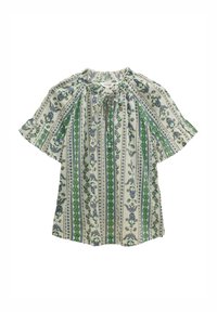Blouse à manches courtes avec encolure froncée, présentant un motif floral bleu et vert sur un fond clair, fabriquée en tissu léger.