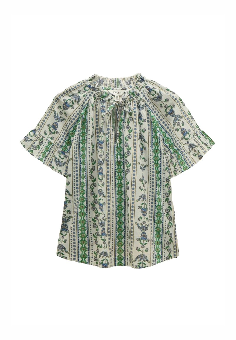 Blouse à manches courtes avec encolure froncée, présentant un motif floral bleu et vert sur un fond clair, fabriquée en tissu léger.