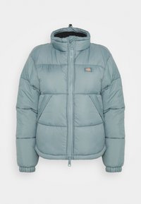 Light blue padded jacket with high collar, front zip closure, elastic cuffs, and two side pockets. Features a logo patch on the chest.