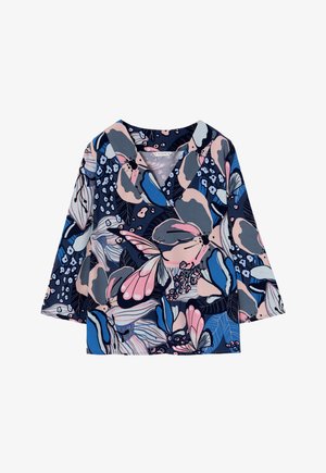 Kwiatowa bluzka w granatowym kolorze z różowymi i niebieskimi akcentami. Posiada dekolt w serek, rękawy o długości trzech ćwierci oraz mieszany wzór kwiatów i liści.