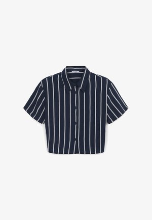 Chemise cropped à manches courtes bleu marine avec des rayures verticales blanches et un col à boutons.