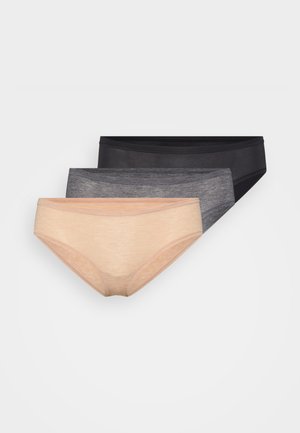 Drie paren damesonderbroeken in beige, donkergrijs en zwart. Gemaakt van zachte stof met elastische taillebanden en een eenvoudig ontwerp.