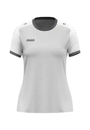 Maglietta sportiva a maniche corte in grigio chiaro con accenti e colletto grigio scuro. Presenta un logo sul davanti e dettagli sulle spalle.