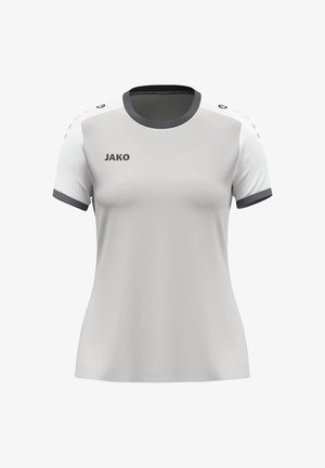 T-shirt sportif à manches courtes en gris clair avec des accents et un col gris foncé. Présente un logo sur le devant et des détails sur les épaules.