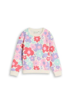 Sweat-shirt à manches longues col rond avec des motifs floraux colorés rouges, roses, violets et bleus sur fond blanc.