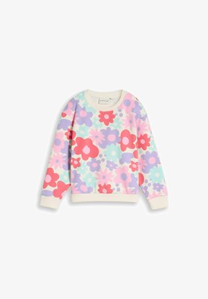 Felpa a maniche lunghe con scollo rotondo con motivi floreali colorati rossi, rosa, viola e blu su sfondo bianco.
