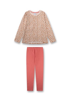Beiges Langarmshirt mit orangefarbenem Leopardenmuster, kombiniert mit einfarbigen korallenpinken Leggings für Kinder.