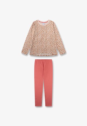 Beiges Langarmshirt mit orangefarbenem Leopardenmuster, kombiniert mit einfarbigen korallenpinken Leggings für Kinder.
