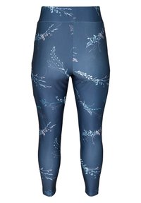Leggings de una tela azul marino con un patrón floral en colores pastel. Textura suave con una cinturilla alta y piernas ajustadas.