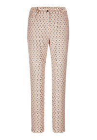 Pantaloni patterned in arancione chiaro con un design geometrico che presenta forme blu e bianche. Realizzati in tessuto con una texture liscia.